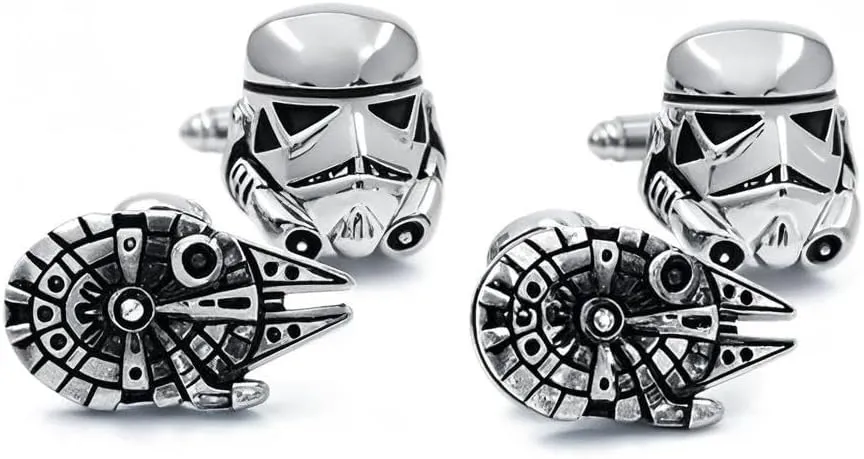2 Pairs Classic Movie Star Cuff Links Personalized Galactic Empire Storm Trooper Wedding Cufflinks Gift for Men Movies Original Design Quality Cosplay Jewelry Spaceship Cufflinks