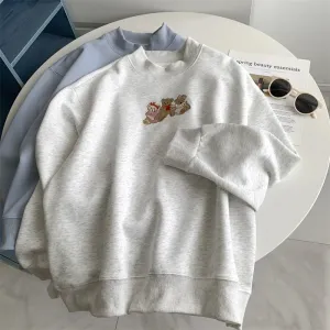 Amozae-Autumn Casual Outfits Amozae-Mock Neck Cartoon Embroidered Bear Sweatshirt Long Sleeved Women 2024 Loose Casual Top