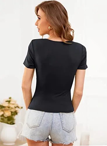 ANRILITA Deep V Neck Tops for Women Summer Casual Sexy Short Sleeve Slim Fitted Bodycon Cross Wrap Crop Tops T Shirts Blue