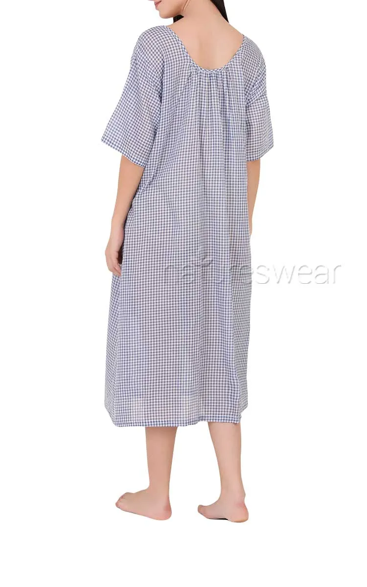 Arabella Angelina 100% Cotton Nightgown with Short Sleeve in Blue Gingham MD-83EEB