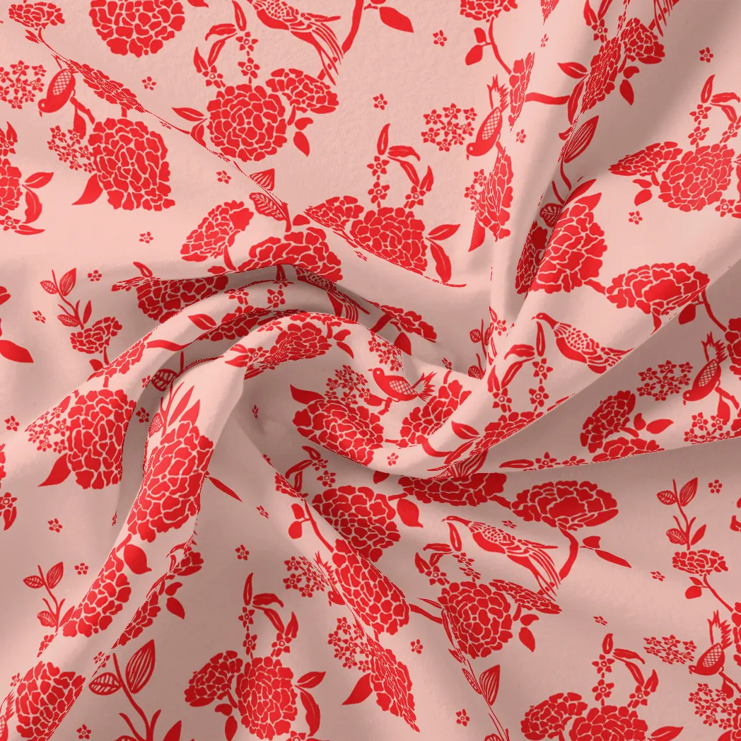 Attractive Red Dahlia Flower Digital Printed Fabric