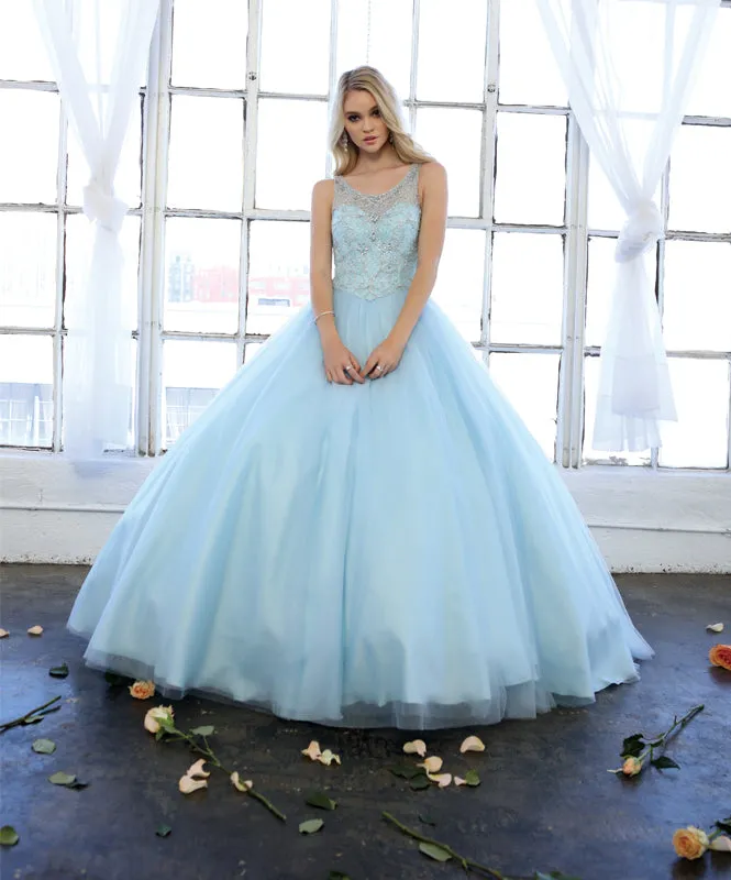 Beaded high neck bodice with keyhole back on tulle ball gown