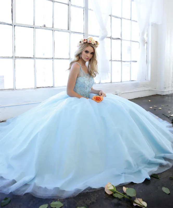 Beaded high neck bodice with keyhole back on tulle ball gown