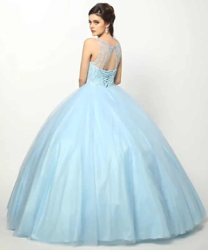 Beaded high neck bodice with keyhole back on tulle ball gown