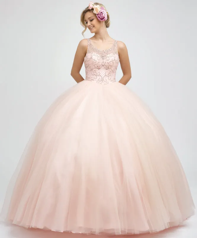 Beaded high neck bodice with keyhole back on tulle ball gown