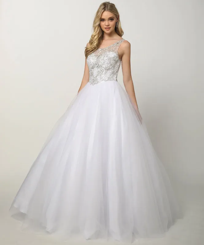 Beaded high neck bodice with keyhole back on tulle ball gown