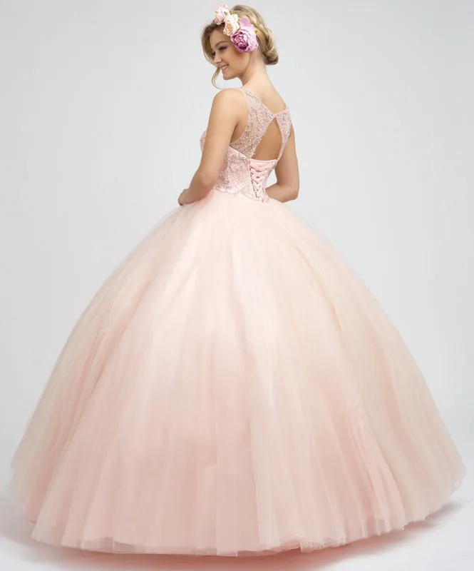 Beaded high neck bodice with keyhole back on tulle ball gown