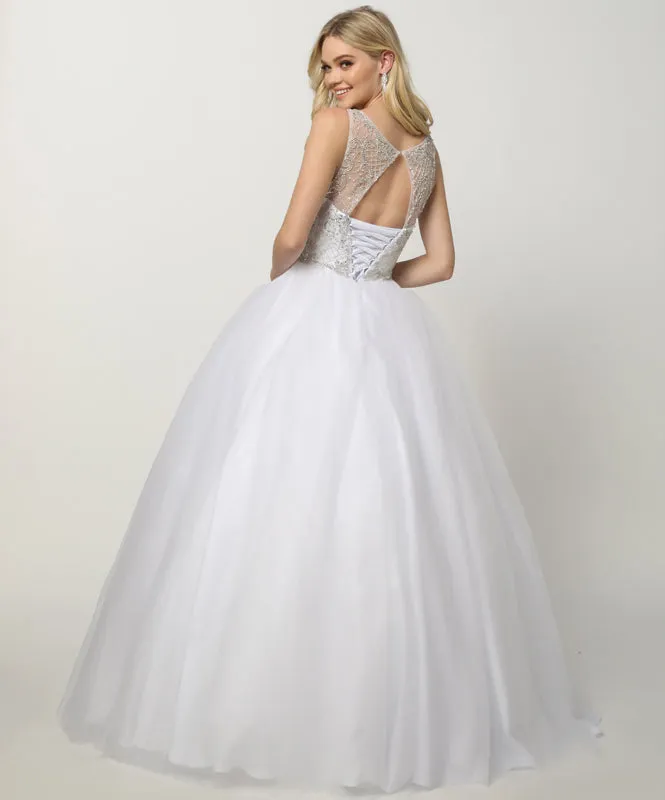 Beaded high neck bodice with keyhole back on tulle ball gown