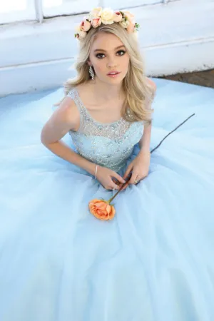 Beaded high neck bodice with keyhole back on tulle ball gown