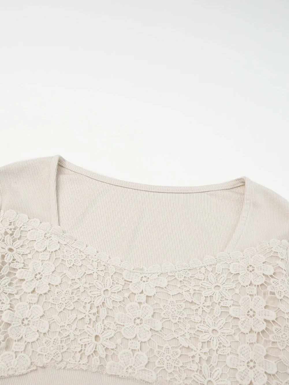 Beige Floral Lace V-Neck Sheath Top with Long Sleeves