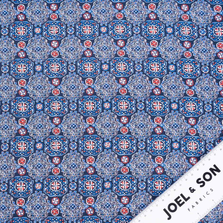 Blue & Red Geo Tile Printed Pure Silk Twill
