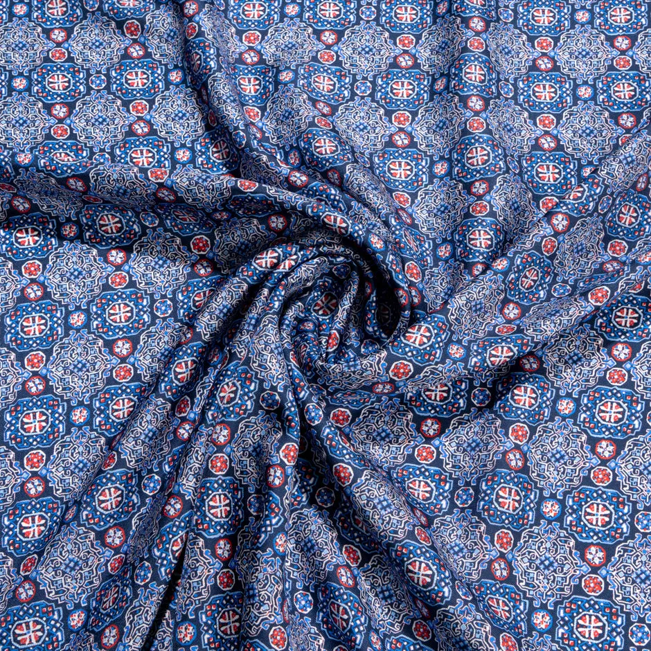 Blue & Red Geo Tile Printed Pure Silk Twill