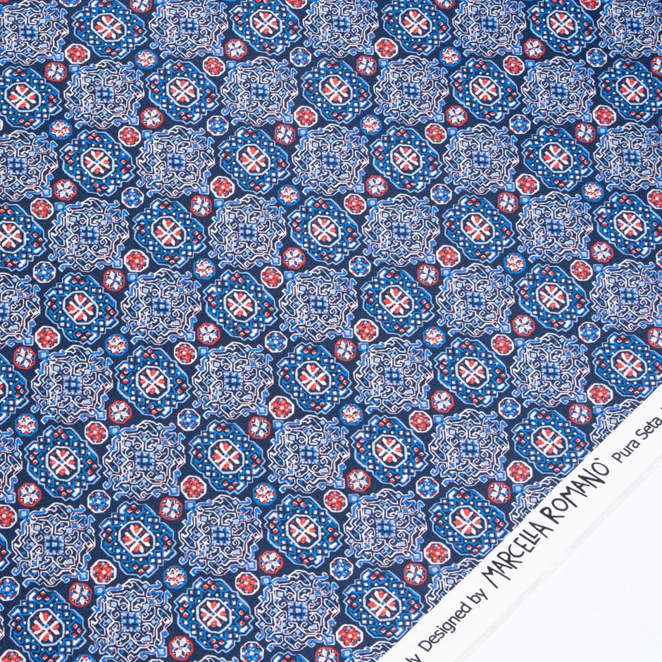 Blue & Red Geo Tile Printed Pure Silk Twill