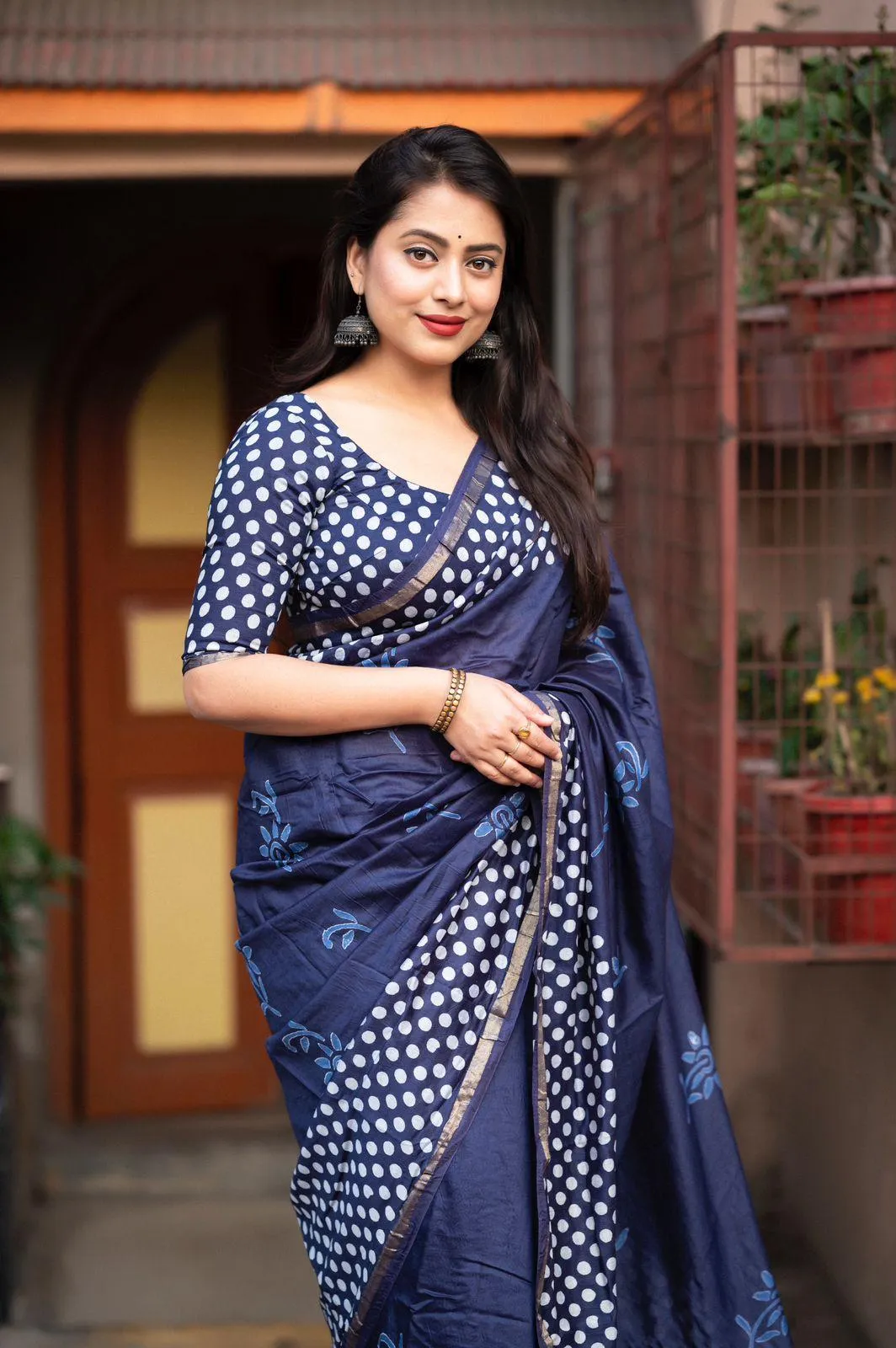 Blue Pure Chanderi Hand Block Saree with Unstitched Blouse - Hiral Fashion