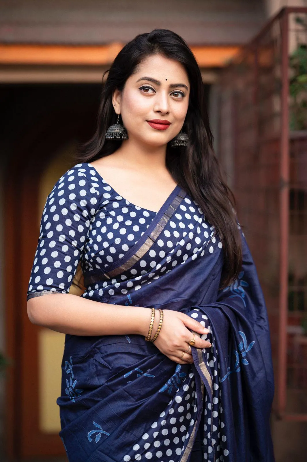 Blue Pure Chanderi Hand Block Saree with Unstitched Blouse - Hiral Fashion
