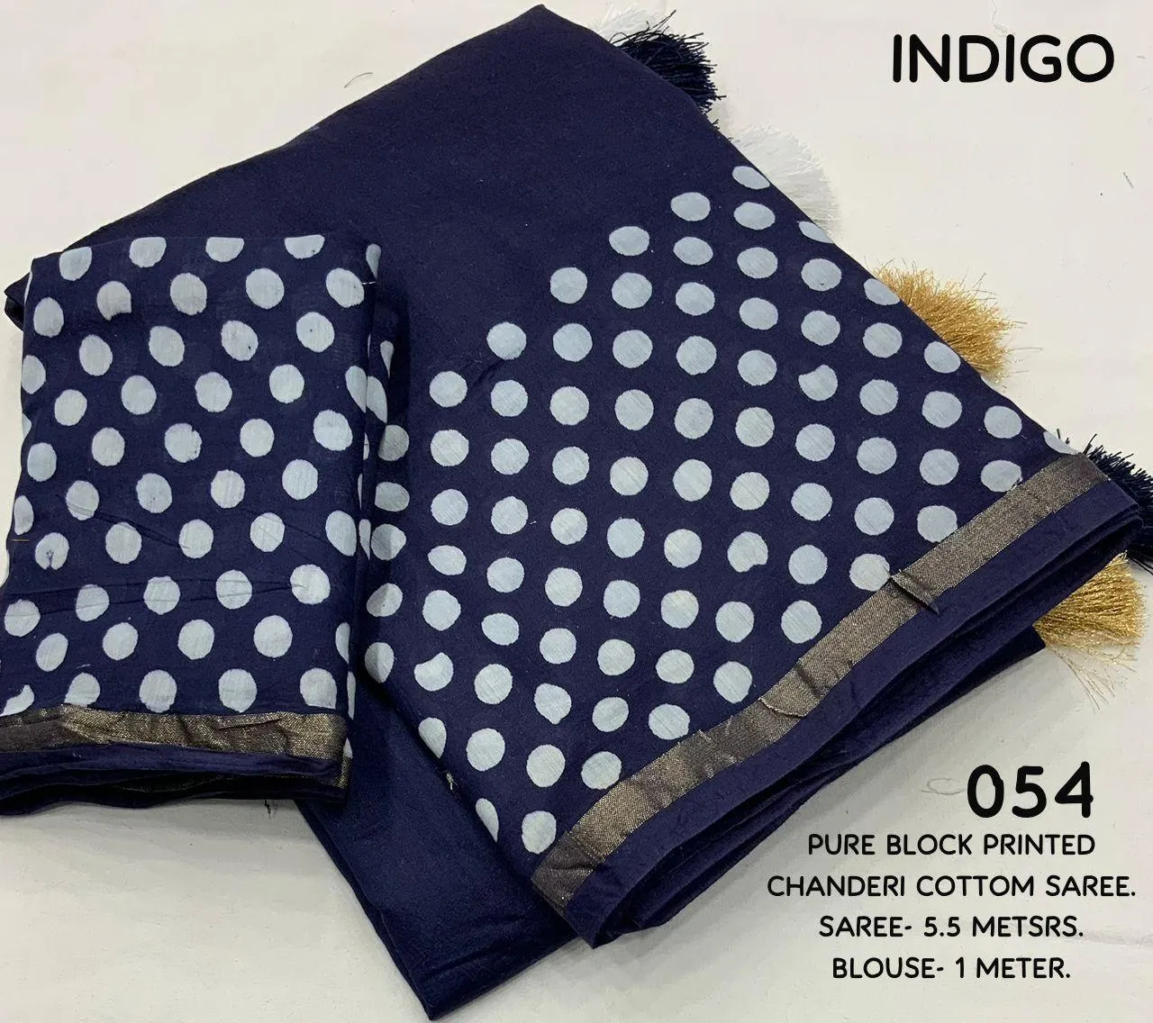 Blue Pure Chanderi Hand Block Saree with Unstitched Blouse - Hiral Fashion