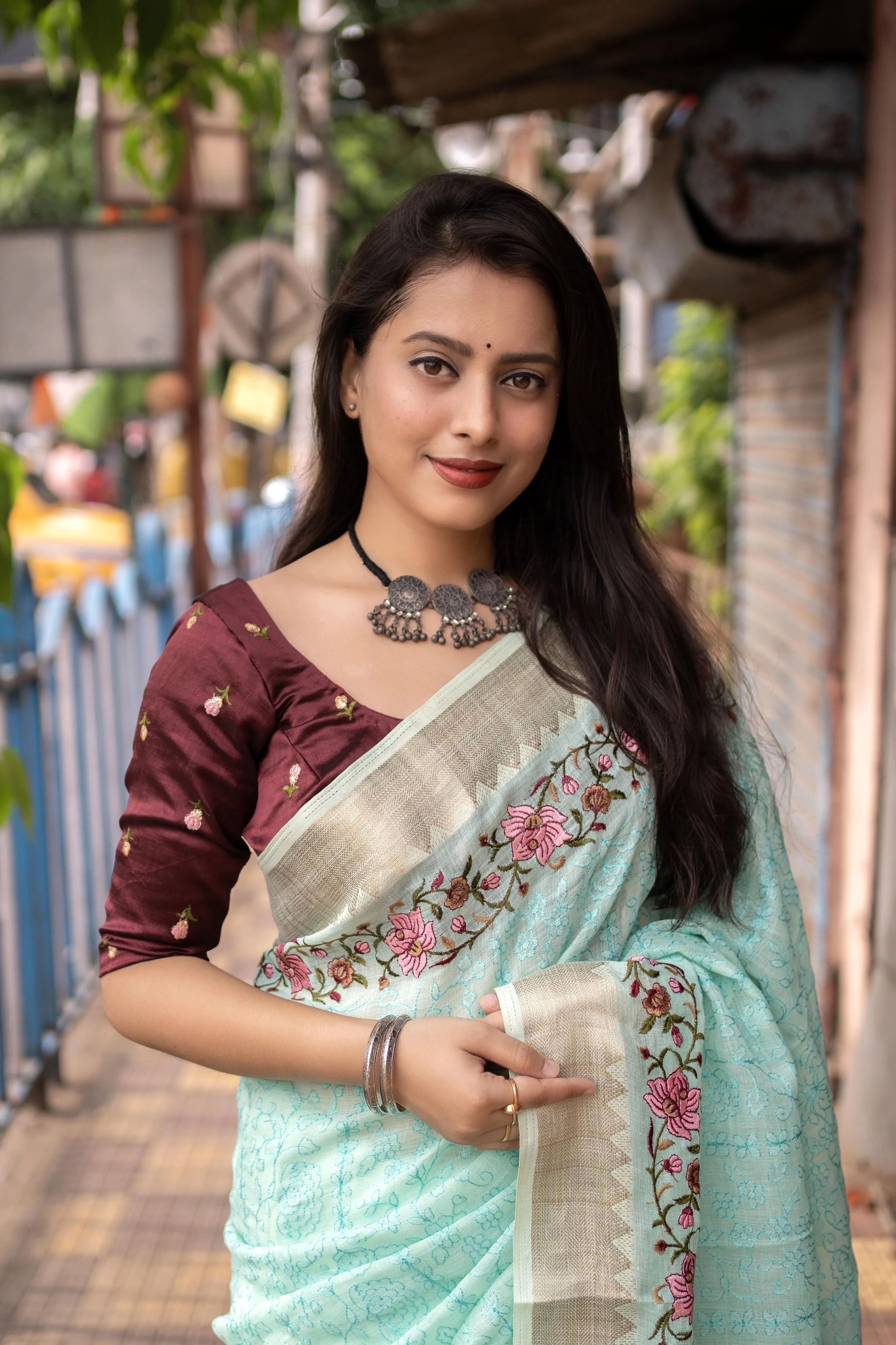 Blue Pure Linen Woven Design Saree with Unstitched Blouse - Hiral Fashion