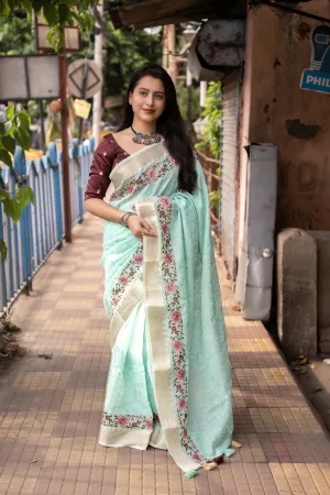 Blue Pure Linen Woven Design Saree with Unstitched Blouse - Hiral Fashion
