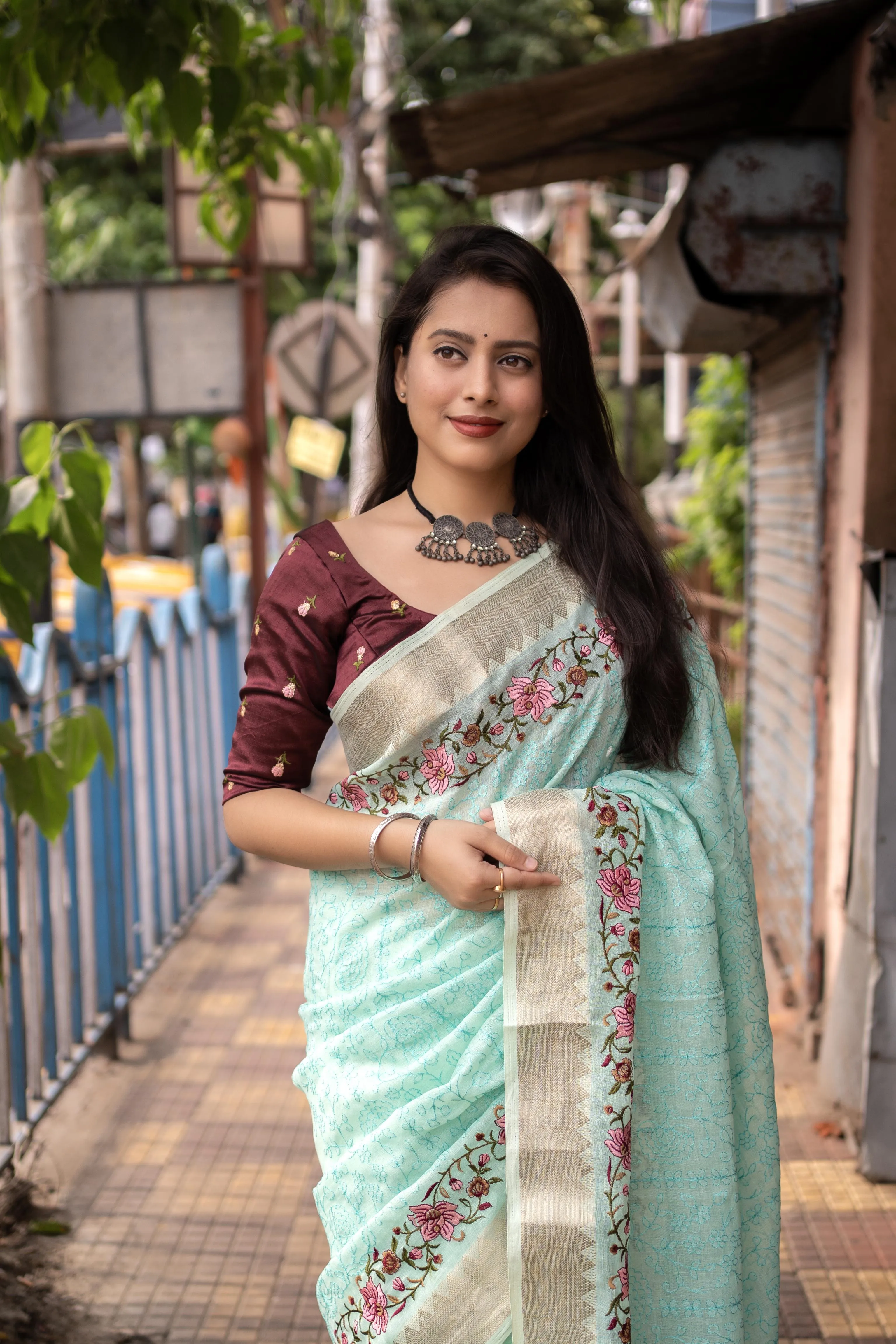 Blue Pure Linen Woven Design Saree with Unstitched Blouse - Hiral Fashion