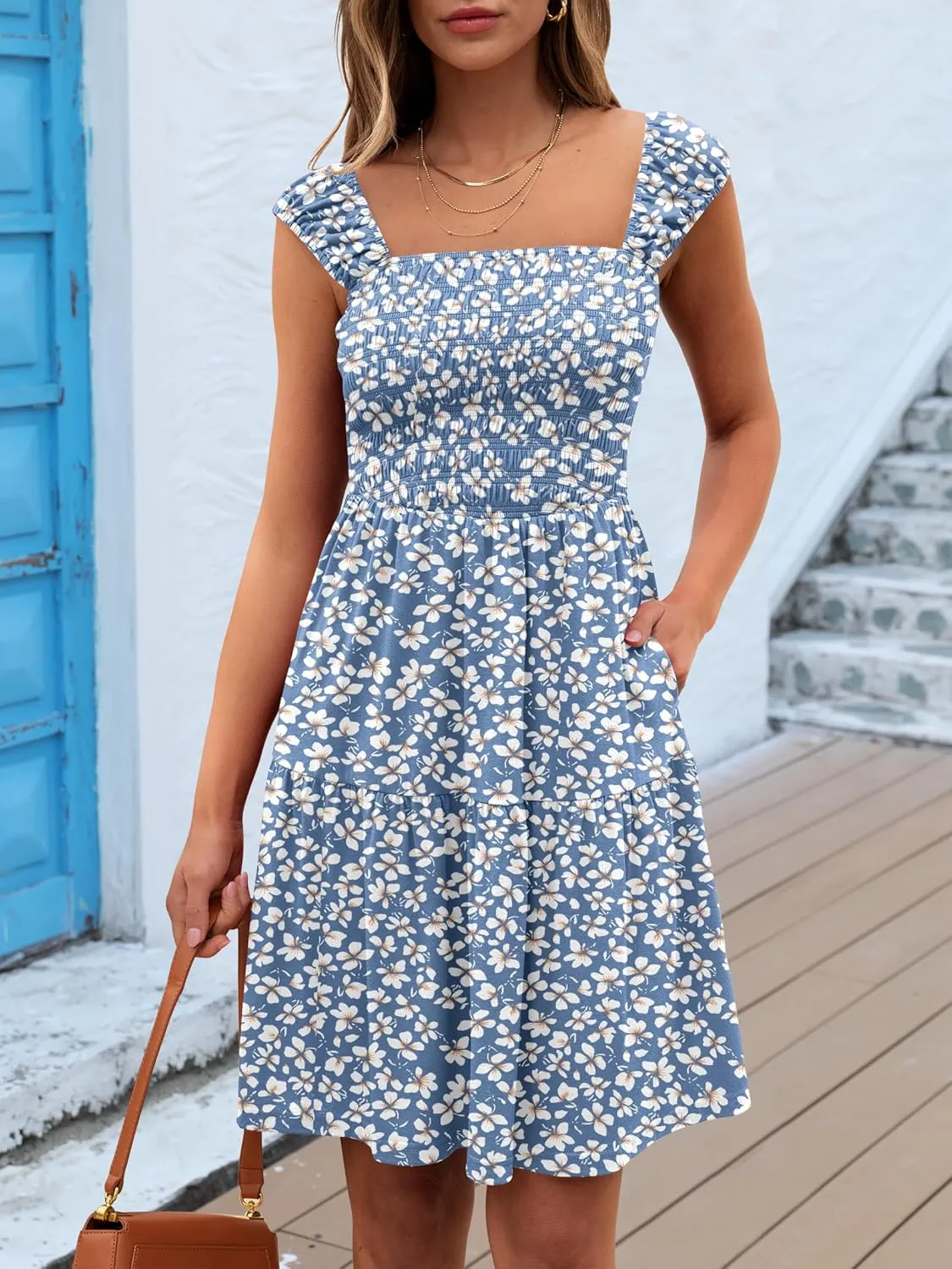 Caracilia Sundresses for Women 2025 Summer Boho Sleeveless Smocked Square Neck Mini Dress Cover Up Beach Vacation Clothes