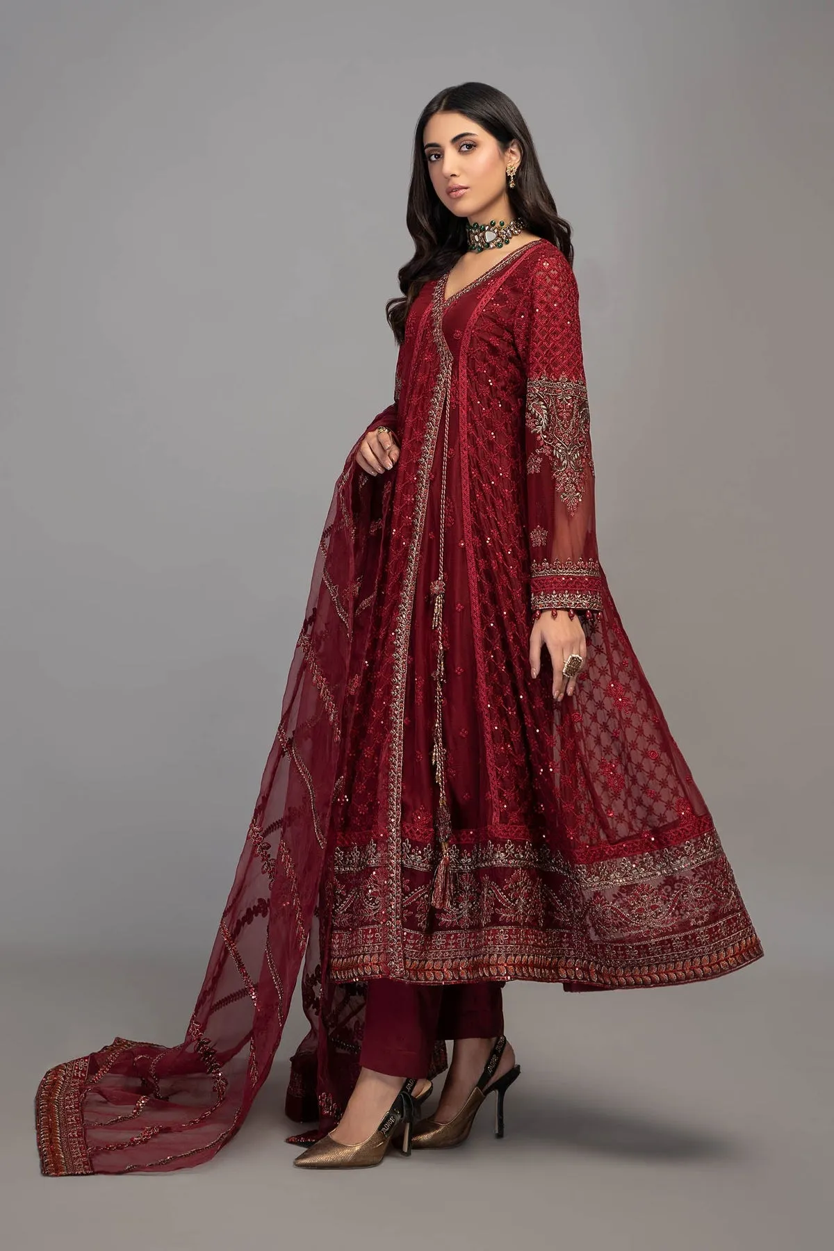 Classic Red Embroidered Chiffon Pakistani Party Wear Angrakha frock