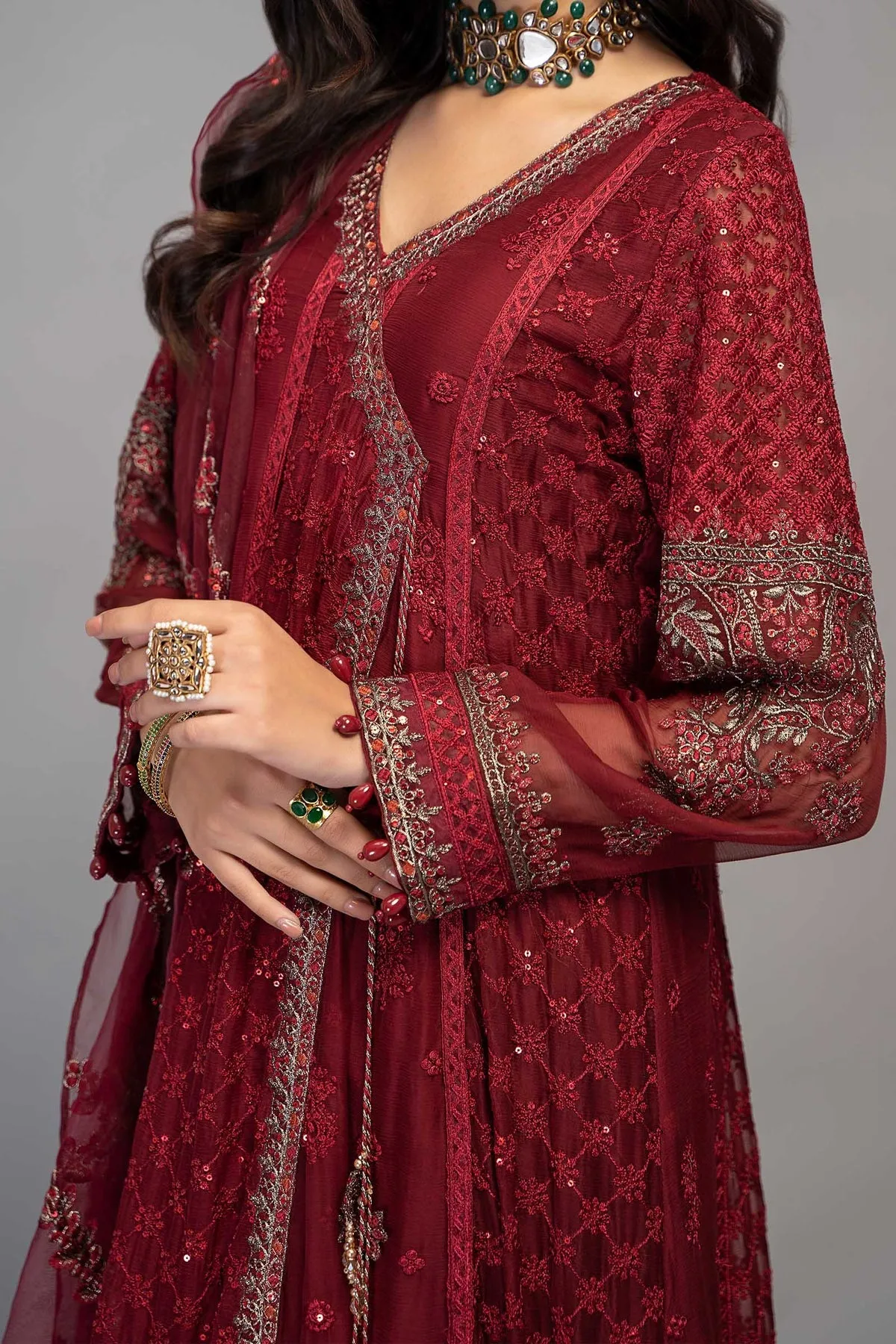 Classic Red Embroidered Chiffon Pakistani Party Wear Angrakha frock