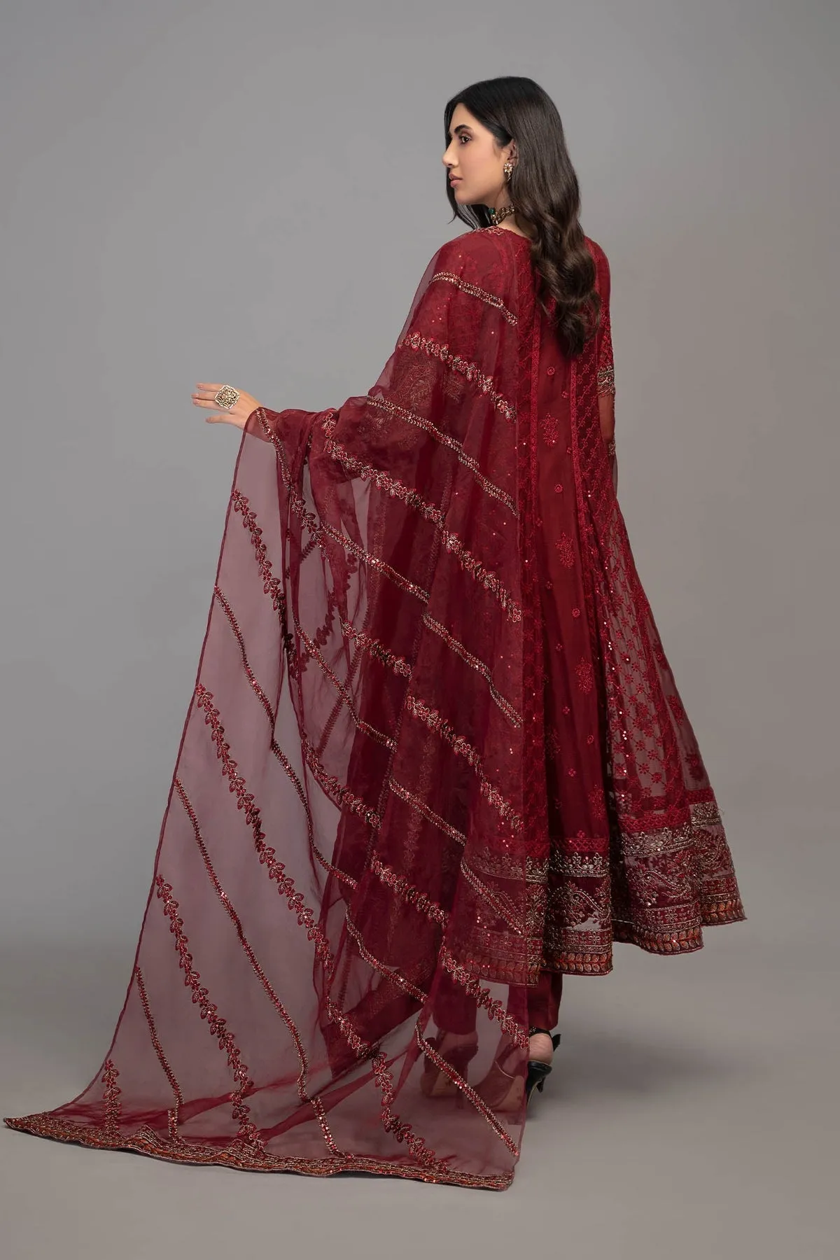 Classic Red Embroidered Chiffon Pakistani Party Wear Angrakha frock