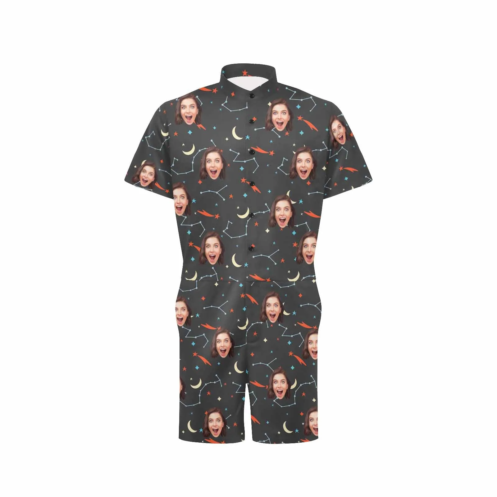 Couple Matching Short Sleeve Onesies Pajamas Custom Face Moon Women's V-Neck Button Jumpsuit Men's Rompers