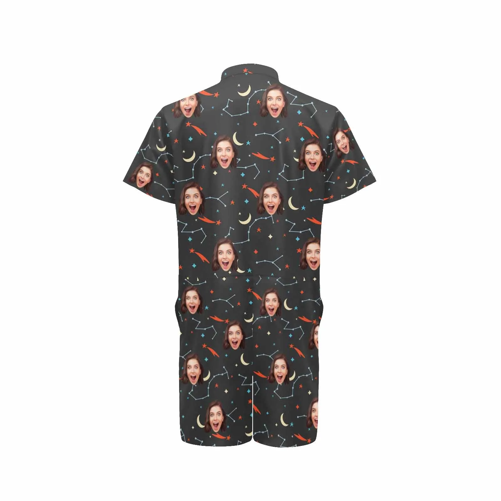 Couple Matching Short Sleeve Onesies Pajamas Custom Face Moon Women's V-Neck Button Jumpsuit Men's Rompers