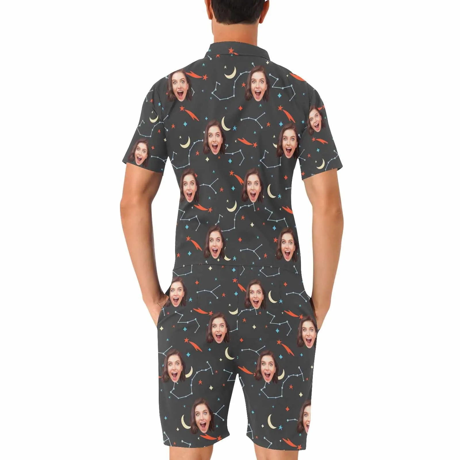 Couple Matching Short Sleeve Onesies Pajamas Custom Face Moon Women's V-Neck Button Jumpsuit Men's Rompers