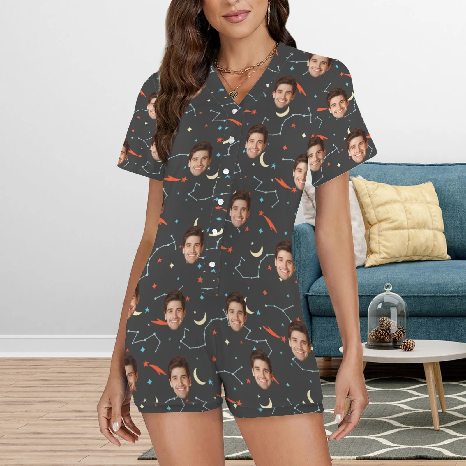 Couple Matching Short Sleeve Onesies Pajamas Custom Face Moon Women's V-Neck Button Jumpsuit Men's Rompers