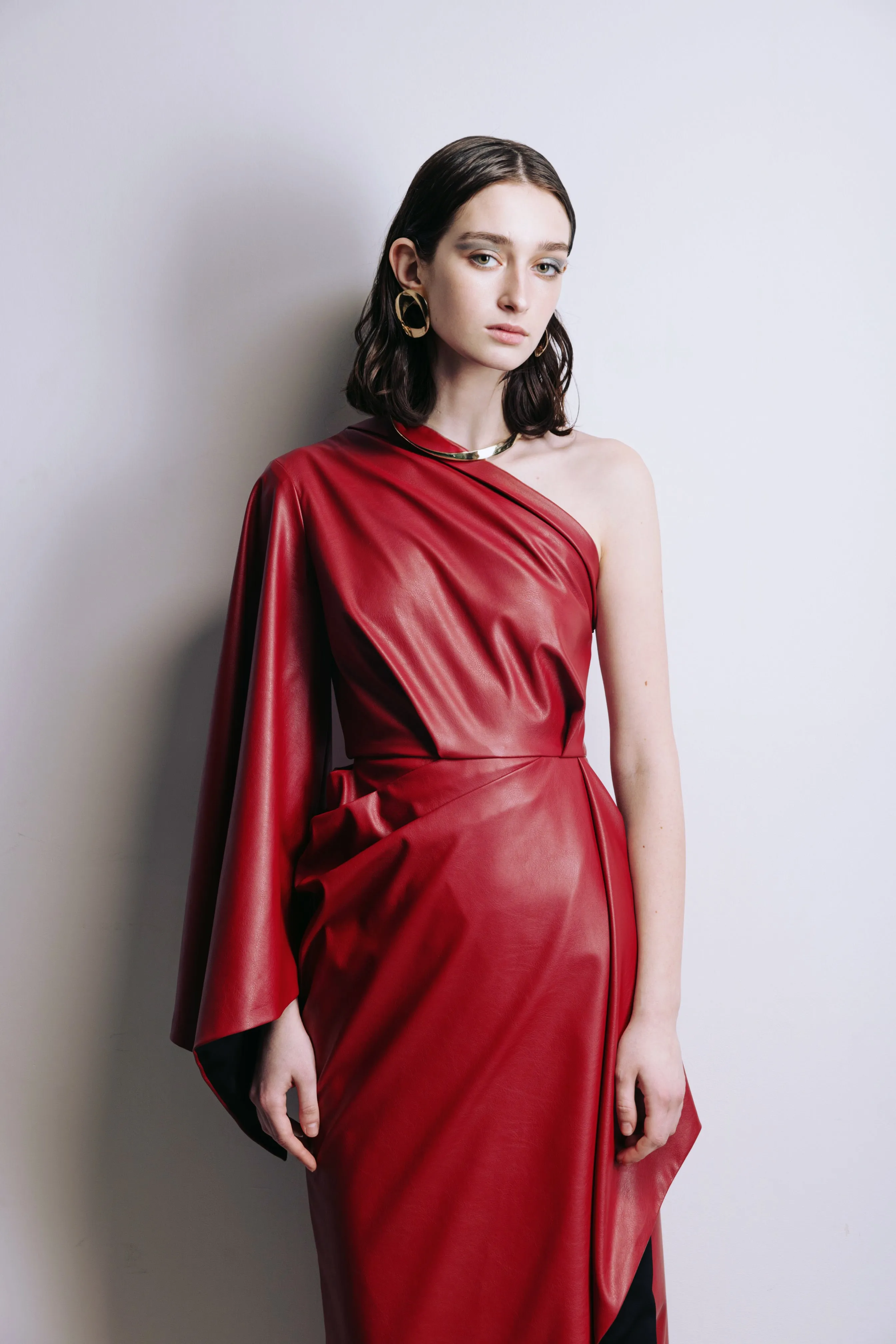 Designer Soft Faux Leather Midi Dress Red