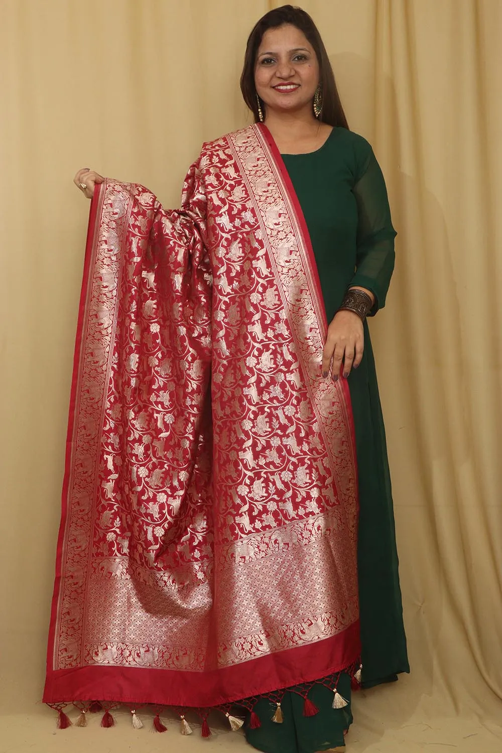 Elegant Maroon Banarasi Silk Dupatta with Shikargah Design