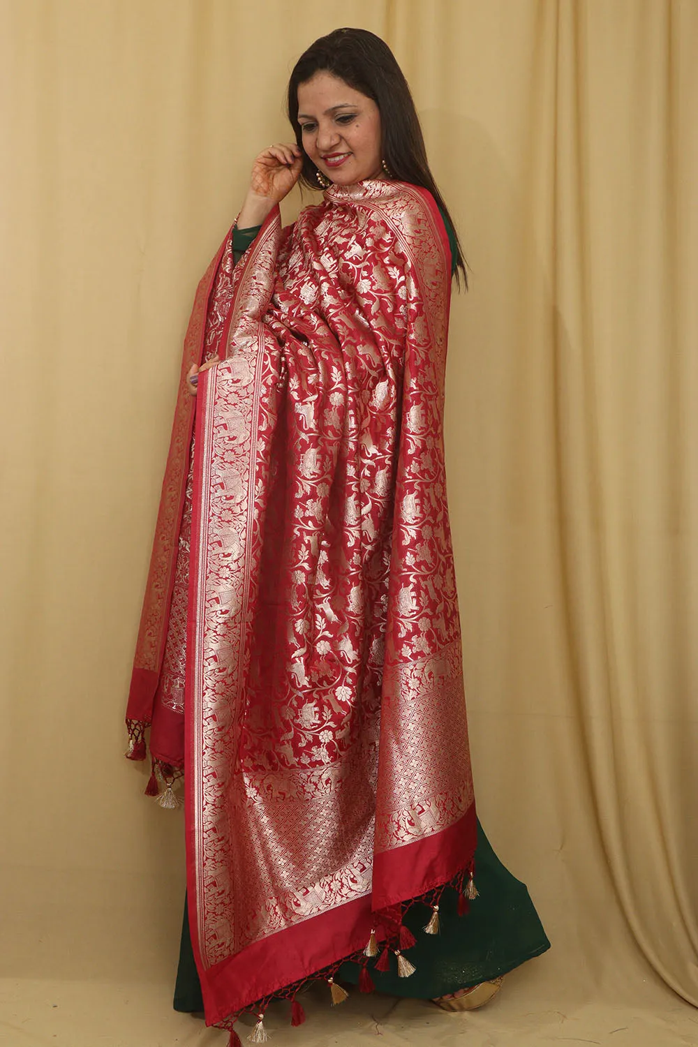 Elegant Maroon Banarasi Silk Dupatta with Shikargah Design