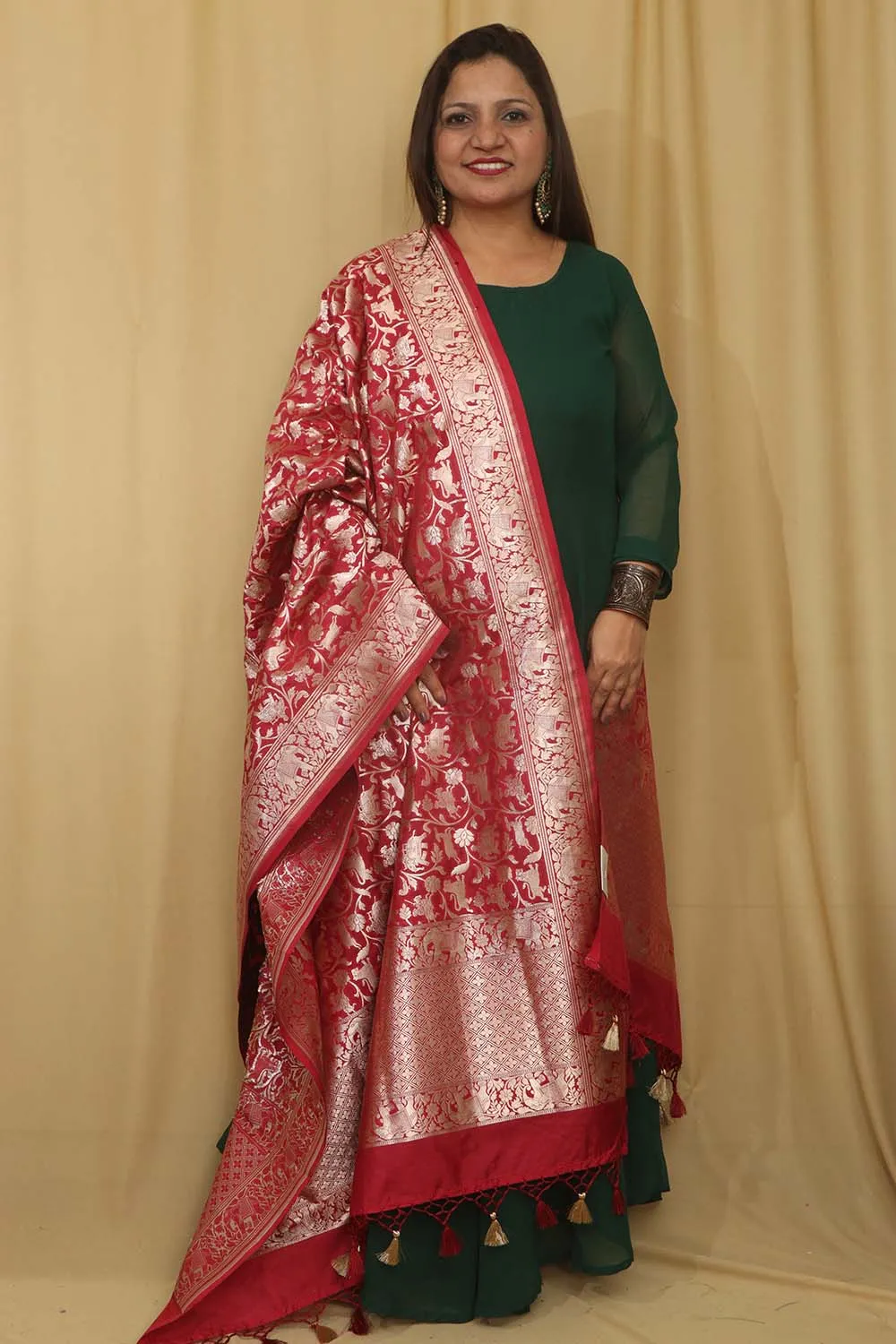 Elegant Maroon Banarasi Silk Dupatta with Shikargah Design