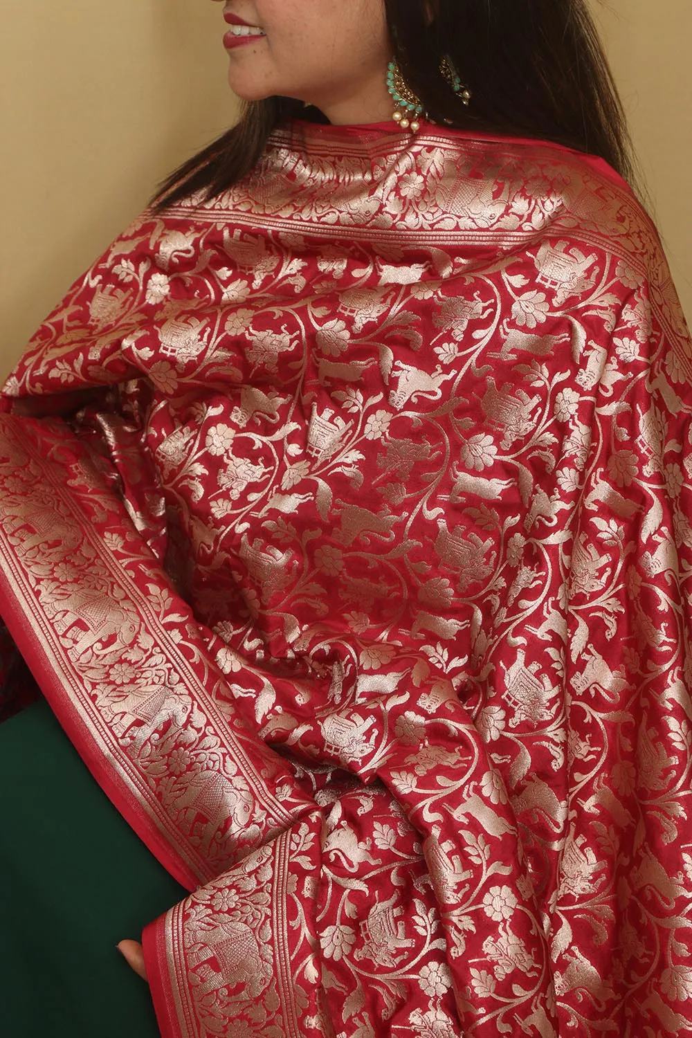 Elegant Maroon Banarasi Silk Dupatta with Shikargah Design
