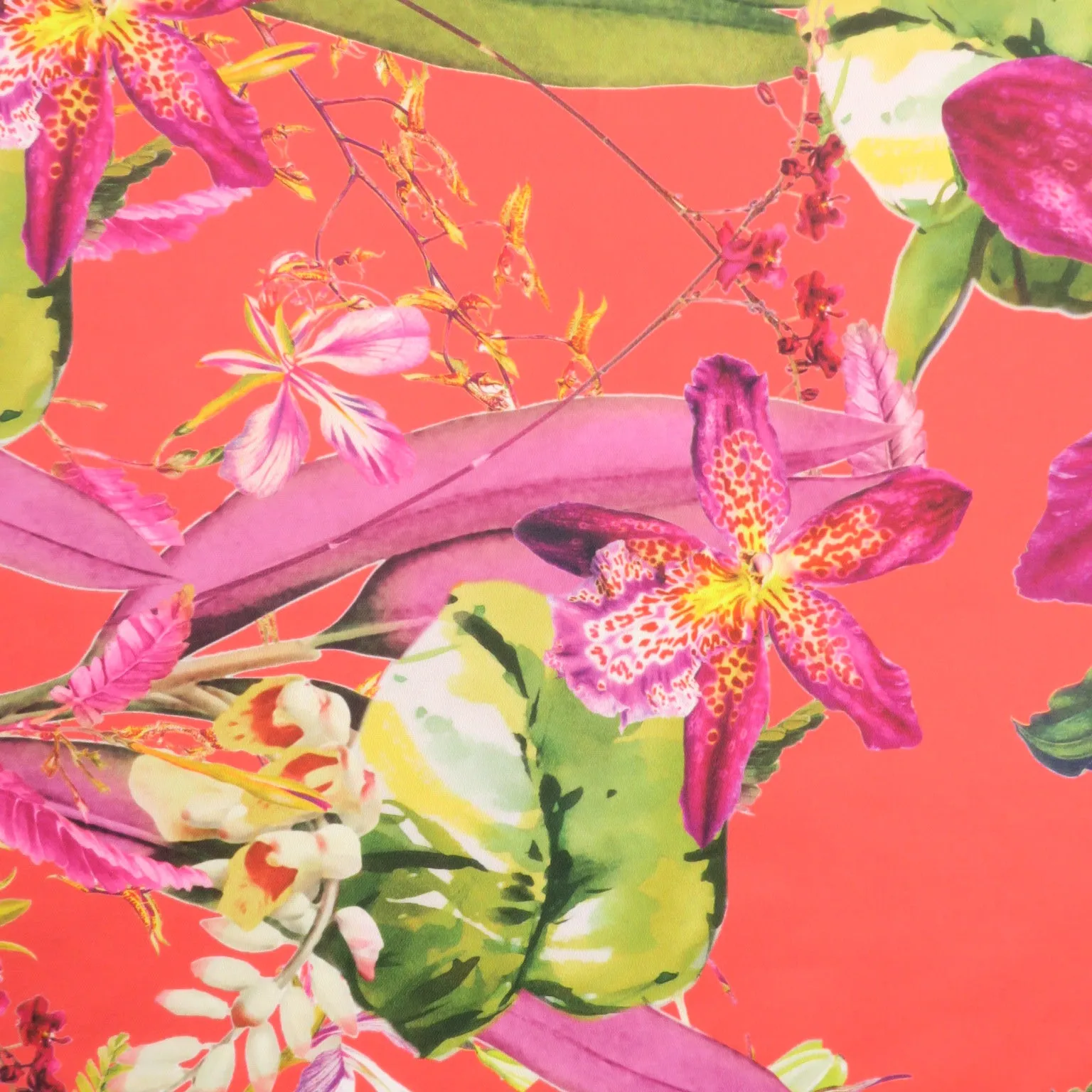 Fuchsia Floral on Coral Printed Polyester Mikado Fabric