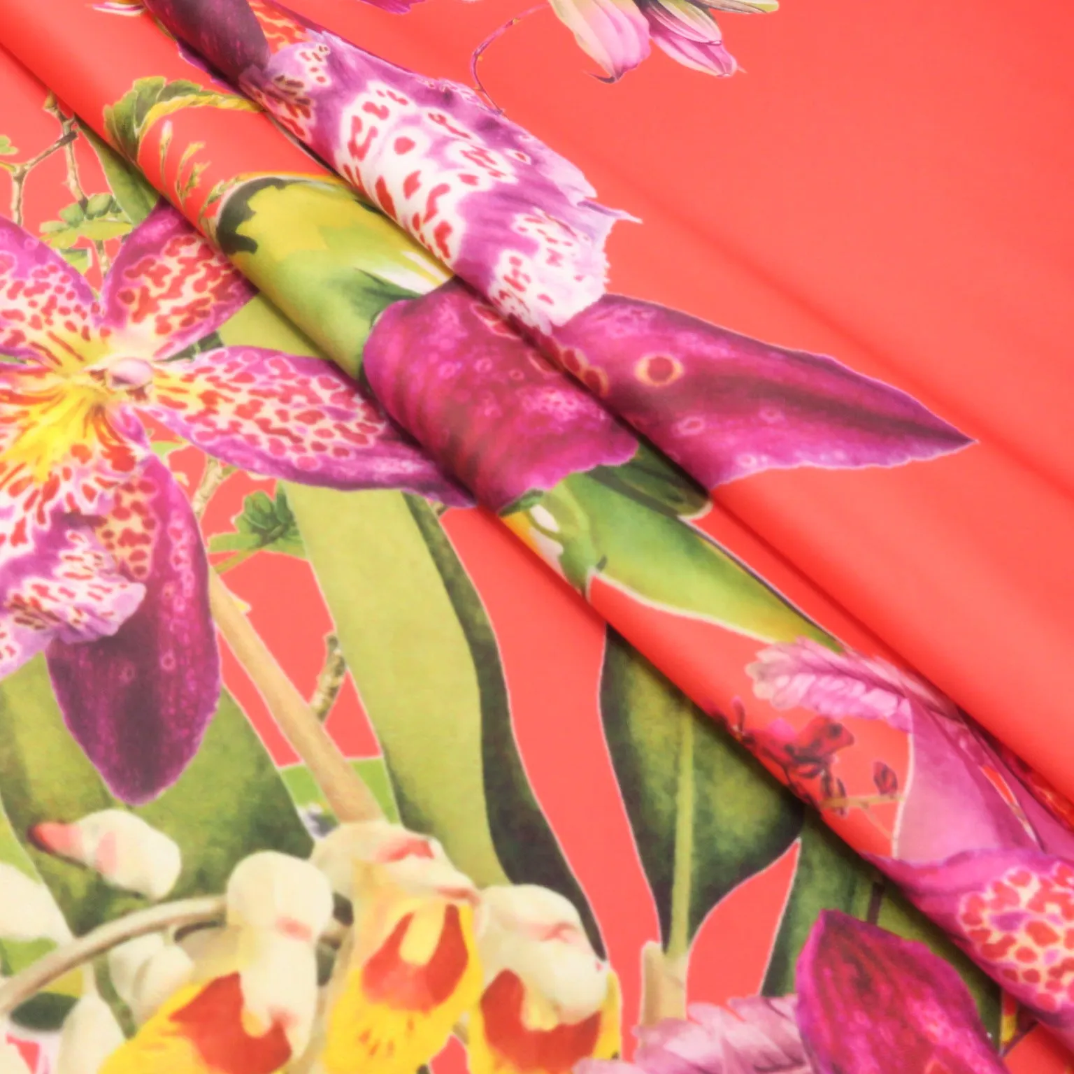 Fuchsia Floral on Coral Printed Polyester Mikado Fabric