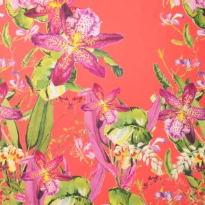 Fuchsia Floral on Coral Printed Polyester Mikado Fabric