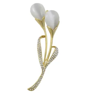Gray Cats Eye and Crystals Flower Buds Brooch Pin - PRL410