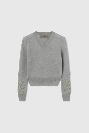 Gray pure cashmere sweater with handmade floral embroidery