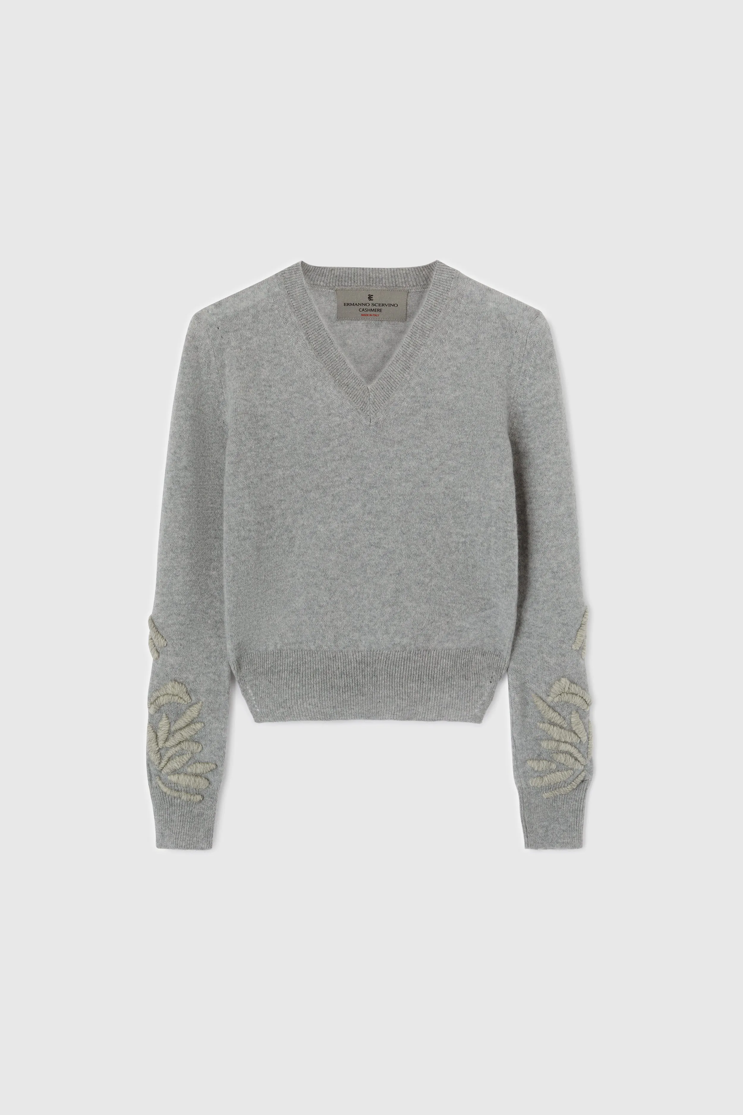 Gray pure cashmere sweater with handmade floral embroidery