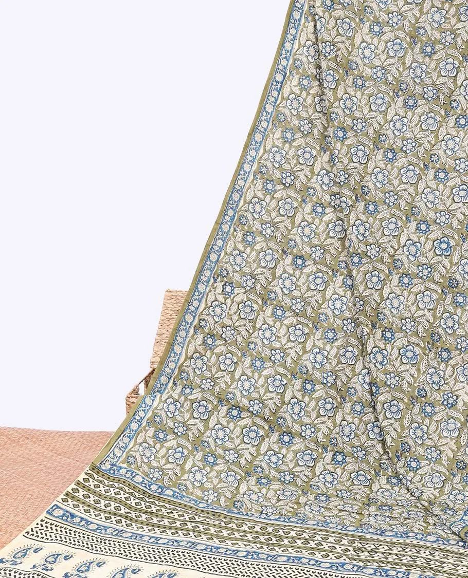Green floral vine printed mul-mul cotton saree, floral vine printed border & paisley & geometric printed pallu