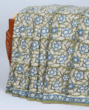 Green floral vine printed mul-mul cotton saree, floral vine printed border & paisley & geometric printed pallu