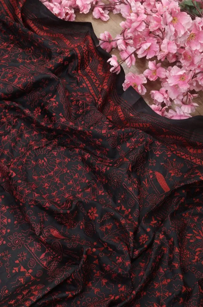 Hand-Embroidered Kantha Silk Dupatta with Warli Design