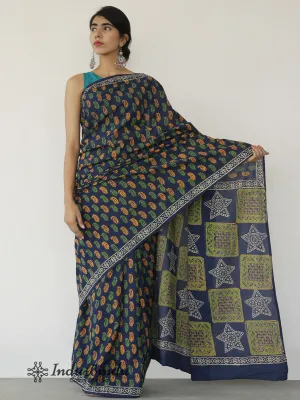 Indigo Orange Green Ivory Hand Block Printed Cotton Saree In Natural Colors - S031702527