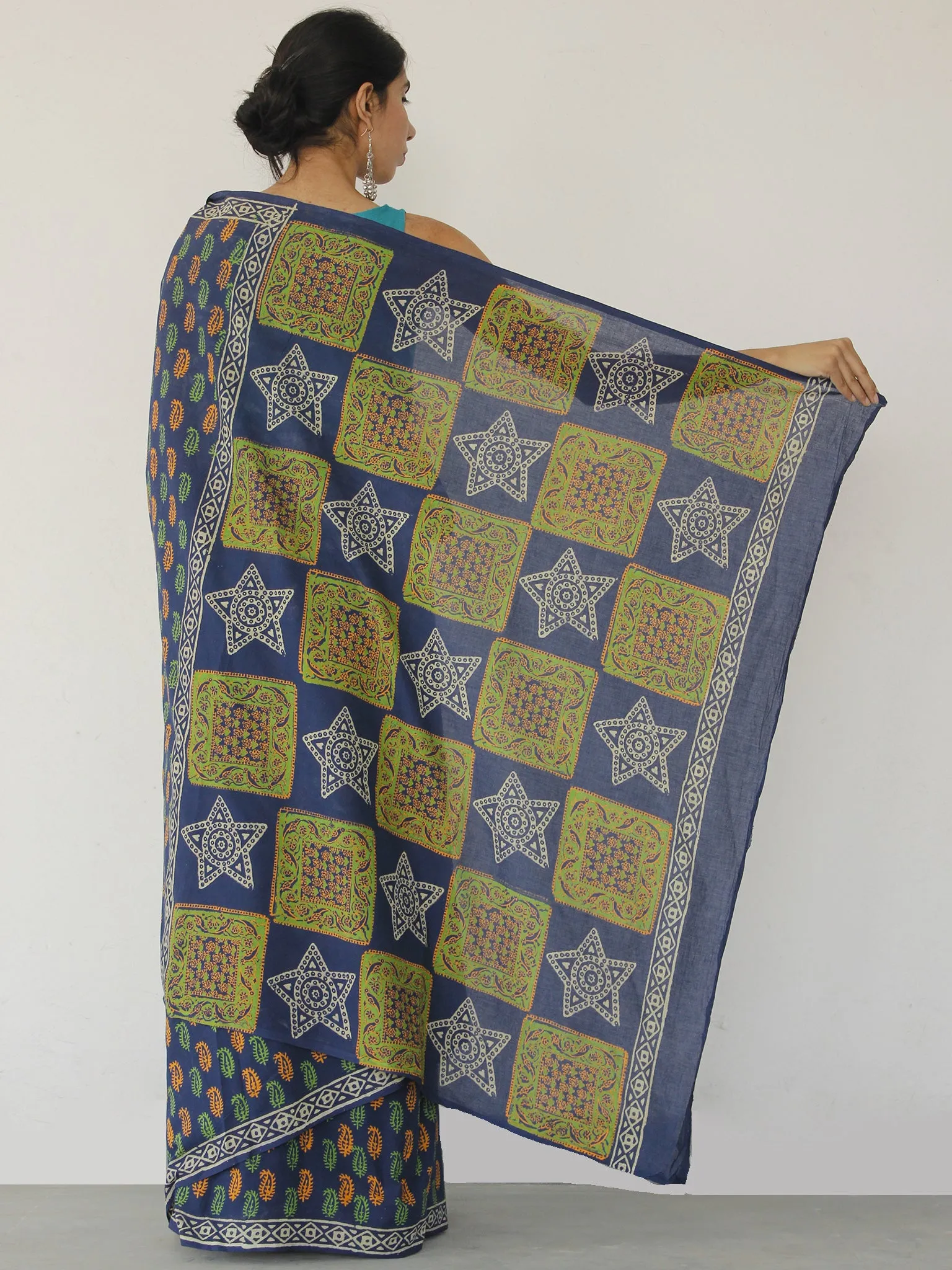 Indigo Orange Green Ivory Hand Block Printed Cotton Saree In Natural Colors - S031702527