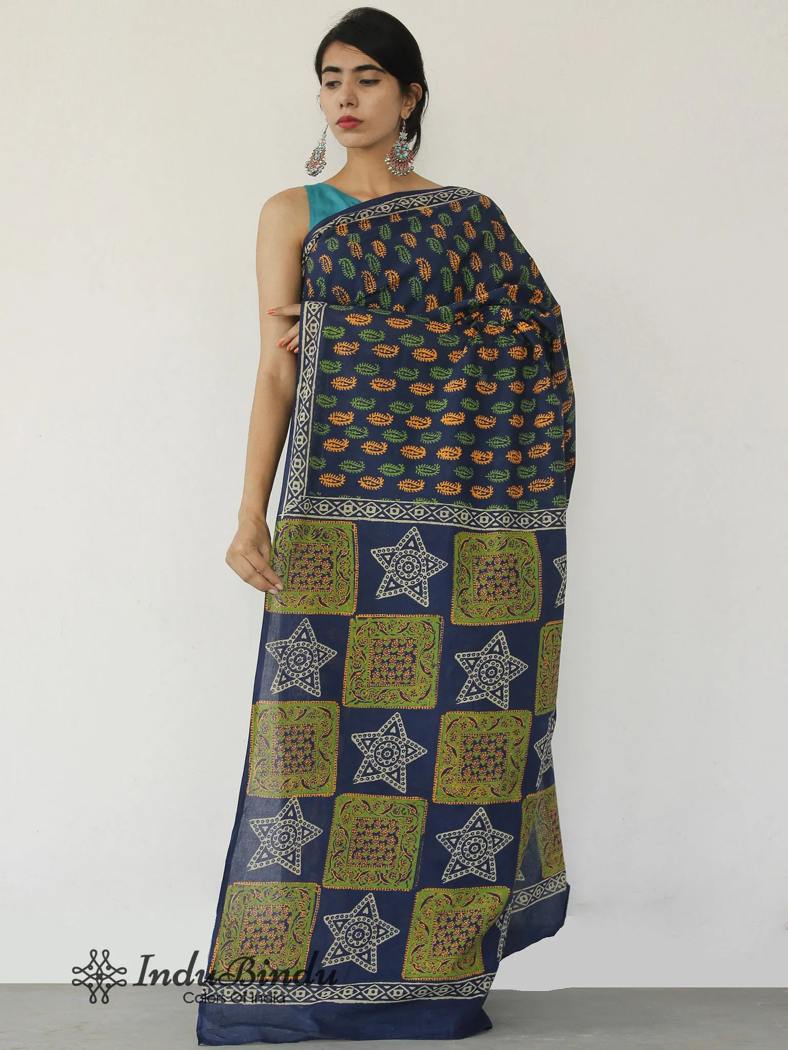 Indigo Orange Green Ivory Hand Block Printed Cotton Saree In Natural Colors - S031702527