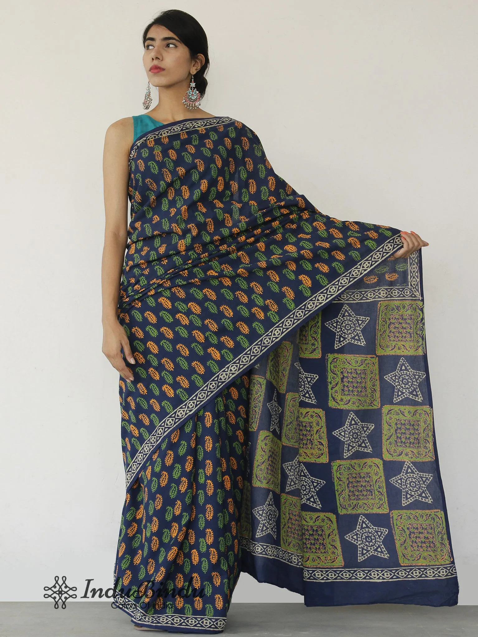 Indigo Orange Green Ivory Hand Block Printed Cotton Saree In Natural Colors - S031702527