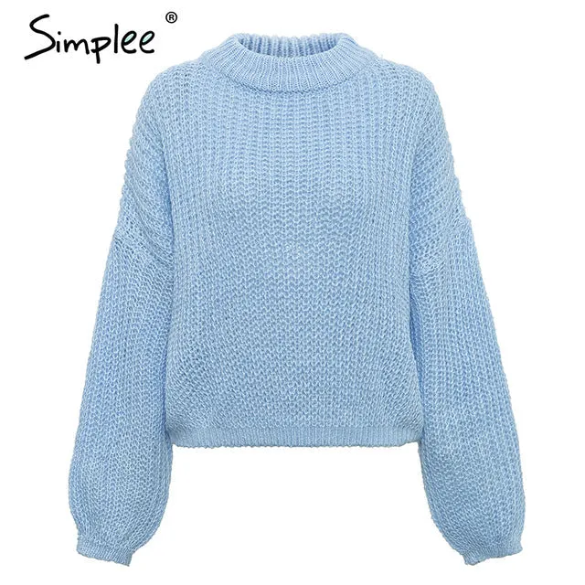 Lantern sleeve knitted pullover loose round neck red autumn casual sweater jumper